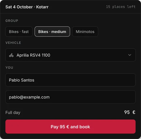 Booking Saturday 4 October at Kotarr: choose the group, the vehicle, name and email, then pay and book.