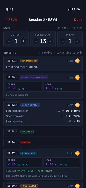 Track Helper on a phone: a session timeline with warmers on, tyres off warmers, a setup change, bike out and in, hot tyre readings, fuel and a note, each with its time and who added it.